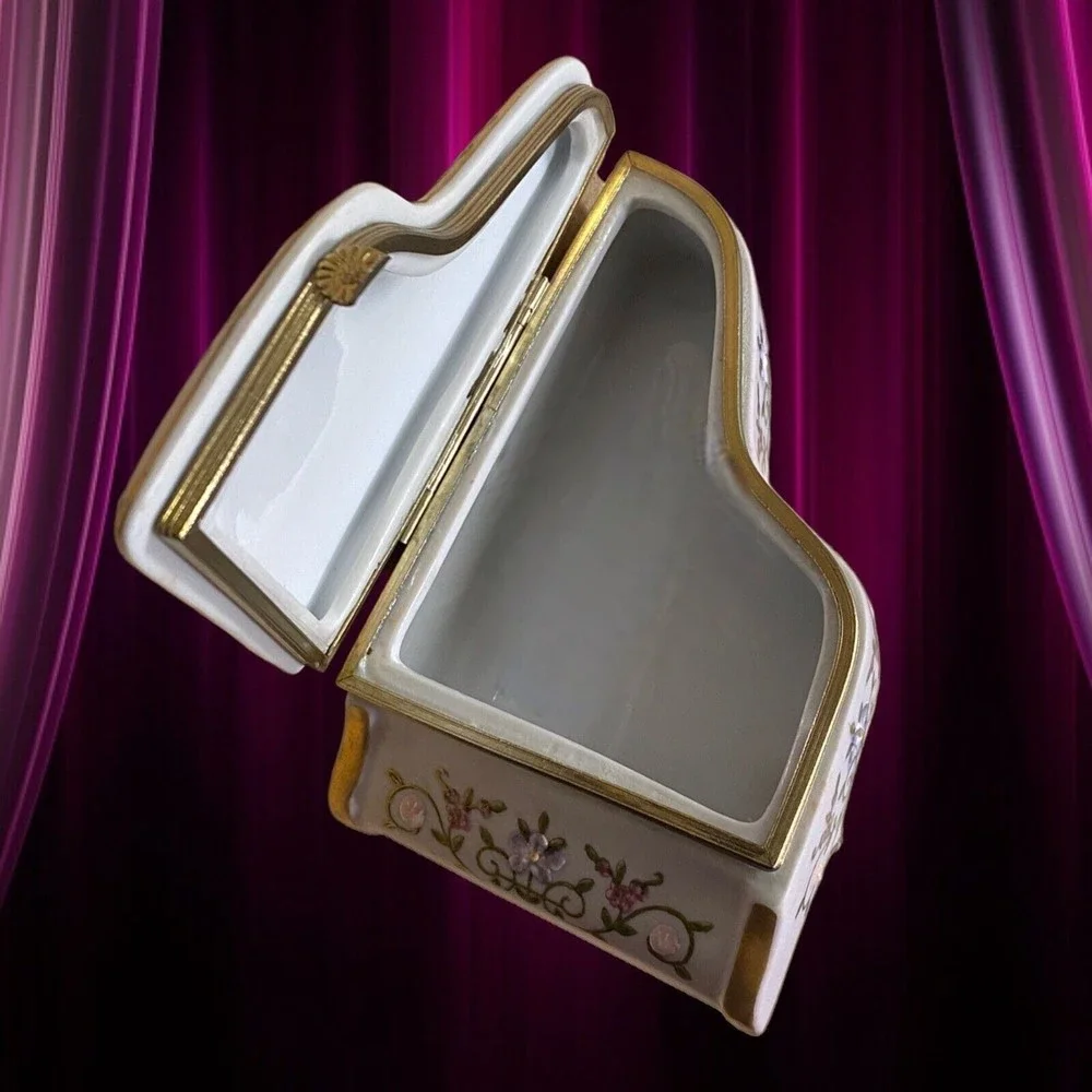 Vintage Piano Trinket Box Jewelry Japan Raised Embellished Floral Gold Trim